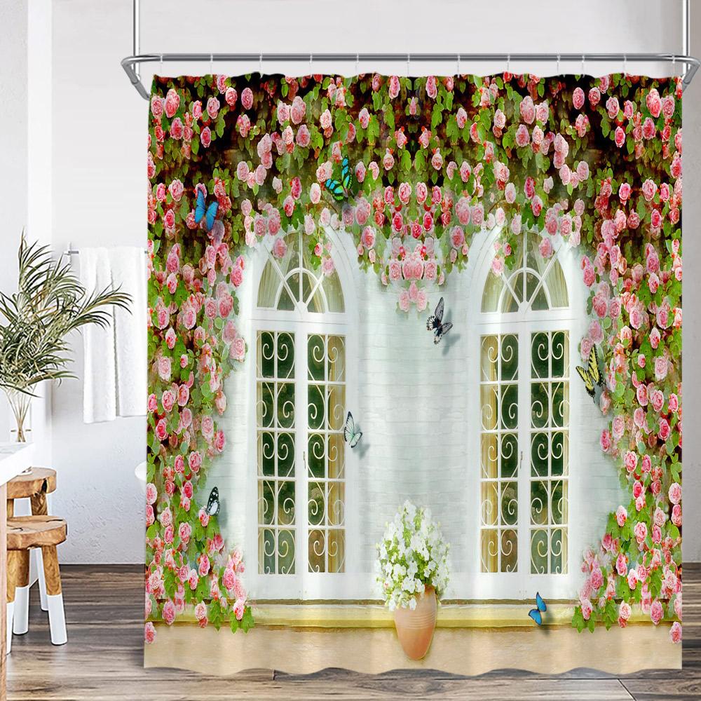 Green Vines Brick Wall Shower Curtain Pink Flowers European Garden Arch Door Bathroom Decorations Vintage Bath Curtain with Hook