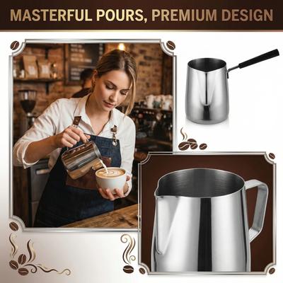 Stainless Steel Long Handle Latte Art Pitcher Thickened Coffee Frothing Jug Milk Steaming Cup Barista Tool for Home and Professional Use