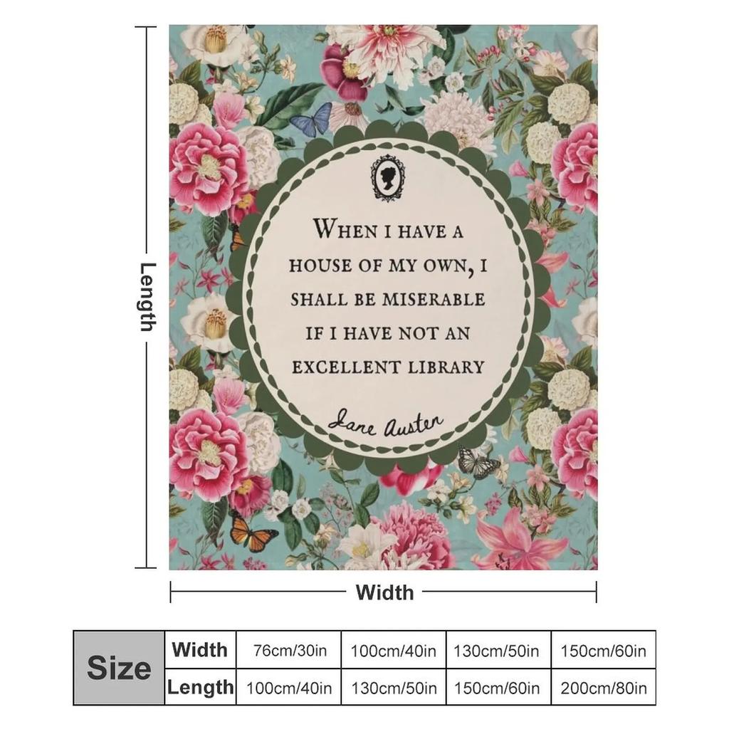 Cytat z Biblioteki Jane Austen, Literacki, Książkowy, Miłośnik Książek, Koc Dekoracyjny w Stylu Vintage z Kwiatami, Gigantyczny Koc na Kanapę, Koc Jednoosobowy
