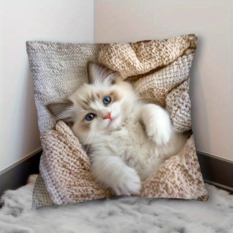 Cute Fluffy Ragdoll Kitten Pillow Cover Realistic Cat Print Cozy Pet Cushion Case For Sofa Bed Couch Cat Lover Home Decor Gifts