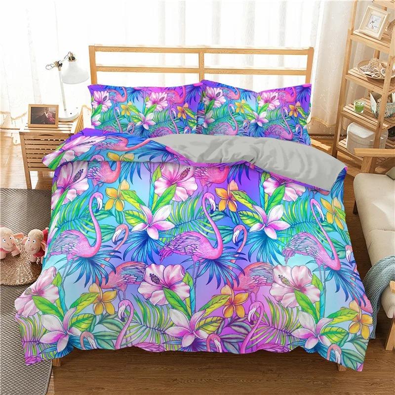 Comforter Girls Flamingo Twin Queen Tropical Leaves Floral Bedding Set For Teen Women Room Dorm Decor Hawaiian Comforter