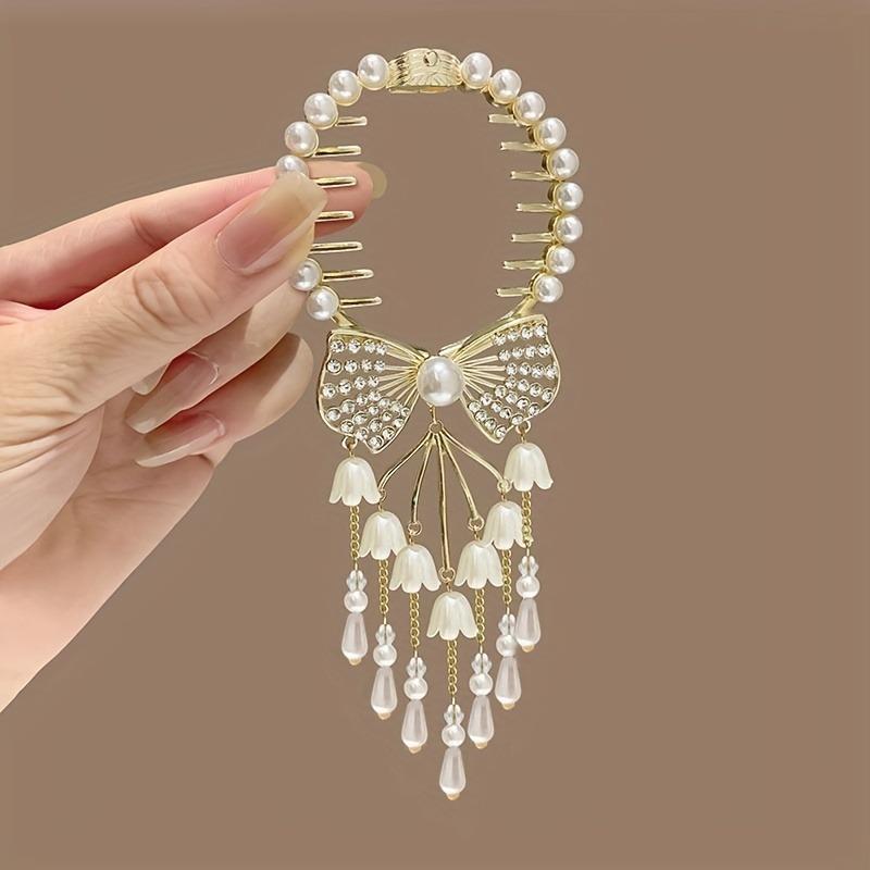 

New Premium Women s Retro Rhinestone and Imitation Pearl Lily of the Valley Hair Clip золотой