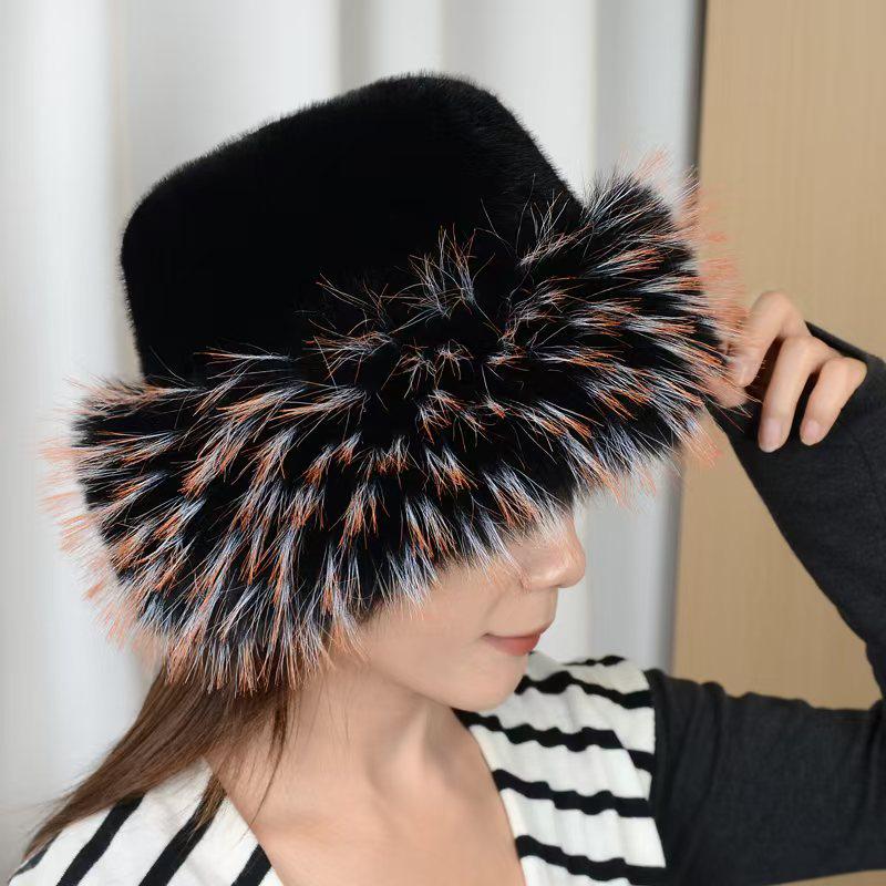 Flat Top Plush Hat with Colorful Faux Mink & Raccoon Fur - Thick & Warm for Fall/Winter