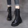 Echtes Leder Stiefel mit mittlerer Wade Retro Plüsch Warm Dicker Absatz Runde Zehen Schnürstiefel für Damen