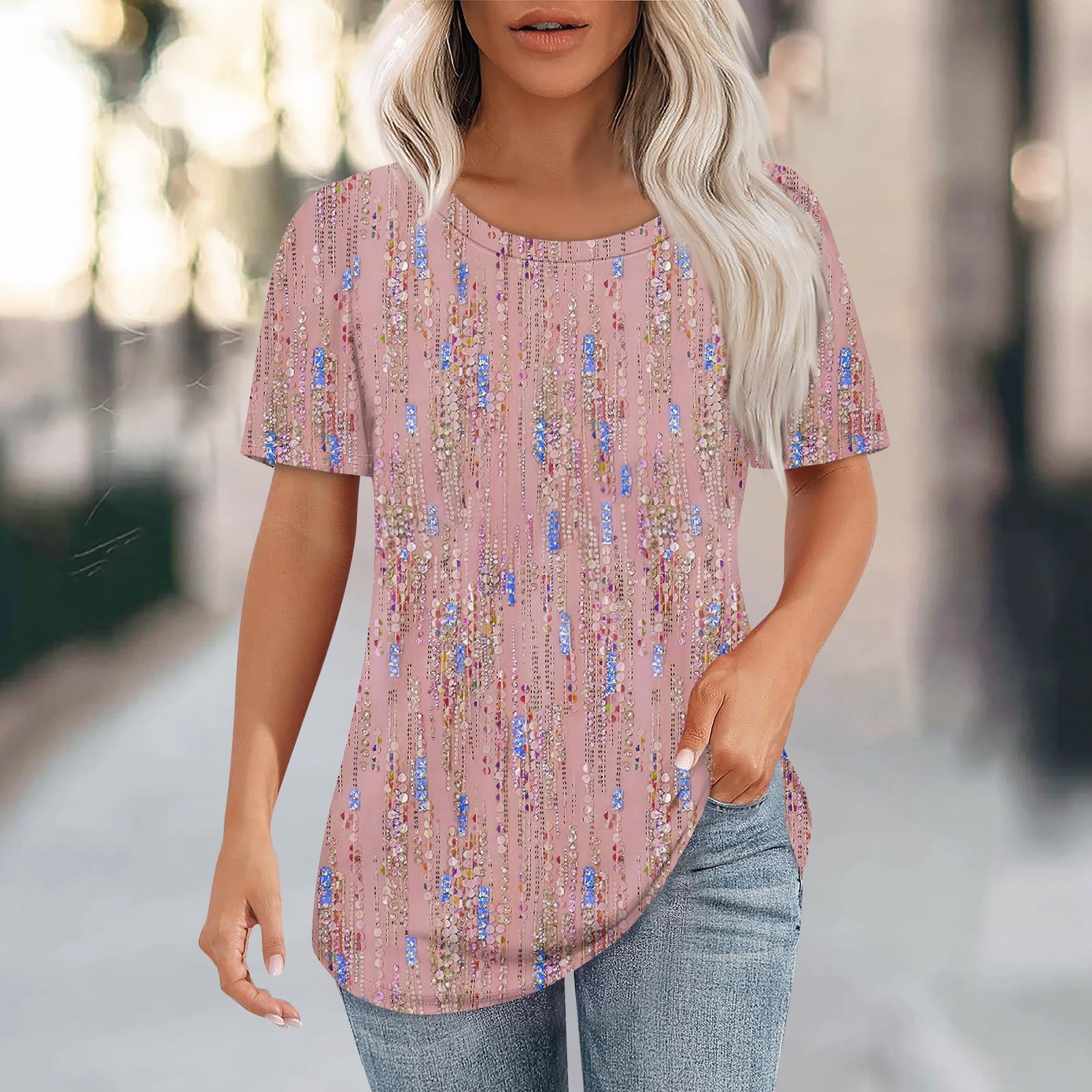 

Футболки для женщин, плиссированные, с круглым вырезом, нарядные, повседневные, блузки с принтом, с коротким рукавом, летние топы, свободный крой S розовый