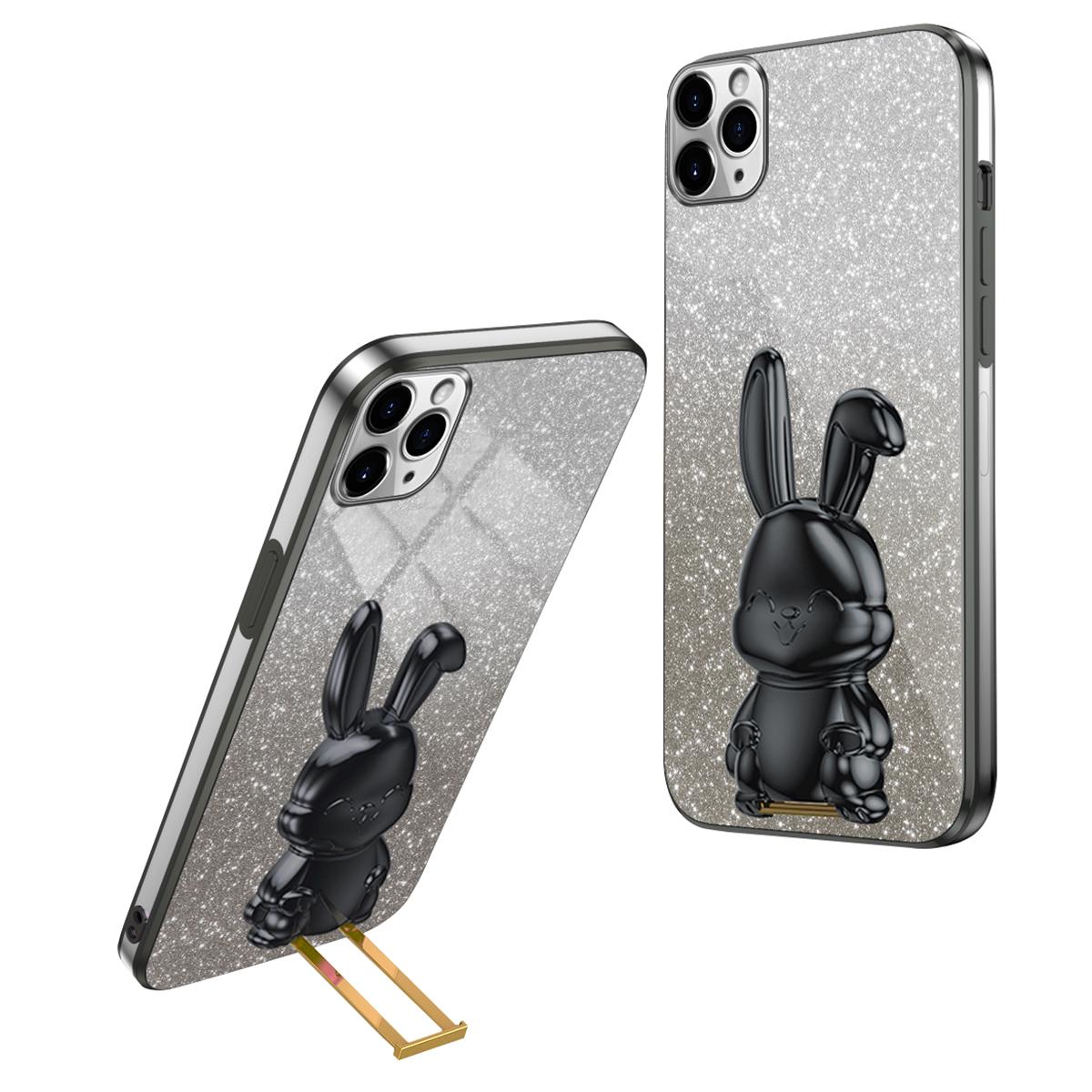 

For iPhone 11 Pro Max Cartoon Rabbit Case Pull-out Kickstand Smart Phone Cover Black
