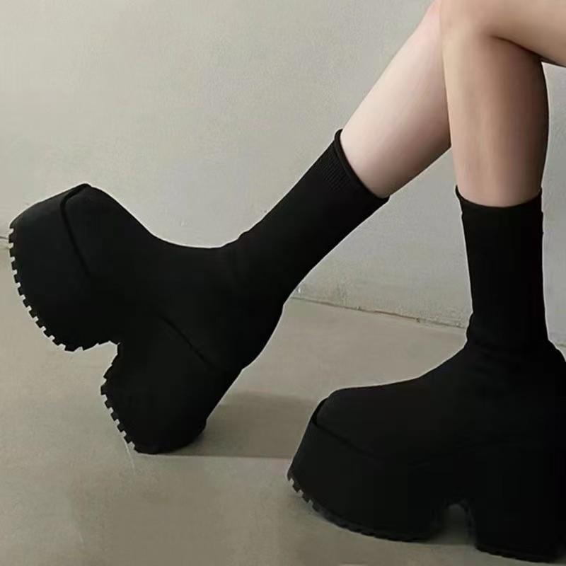 Black Casual High Chunky Heeled Sock Boots Woman Hided Wedge Platform Female Casual Shoes Wedge Lady Knitting Short Ankle Boots