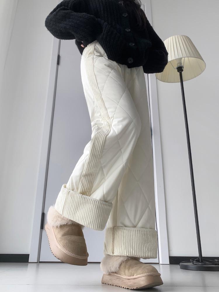 Women's Thick Fleece-Lined Patchwork Wide-Leg Winter Pants