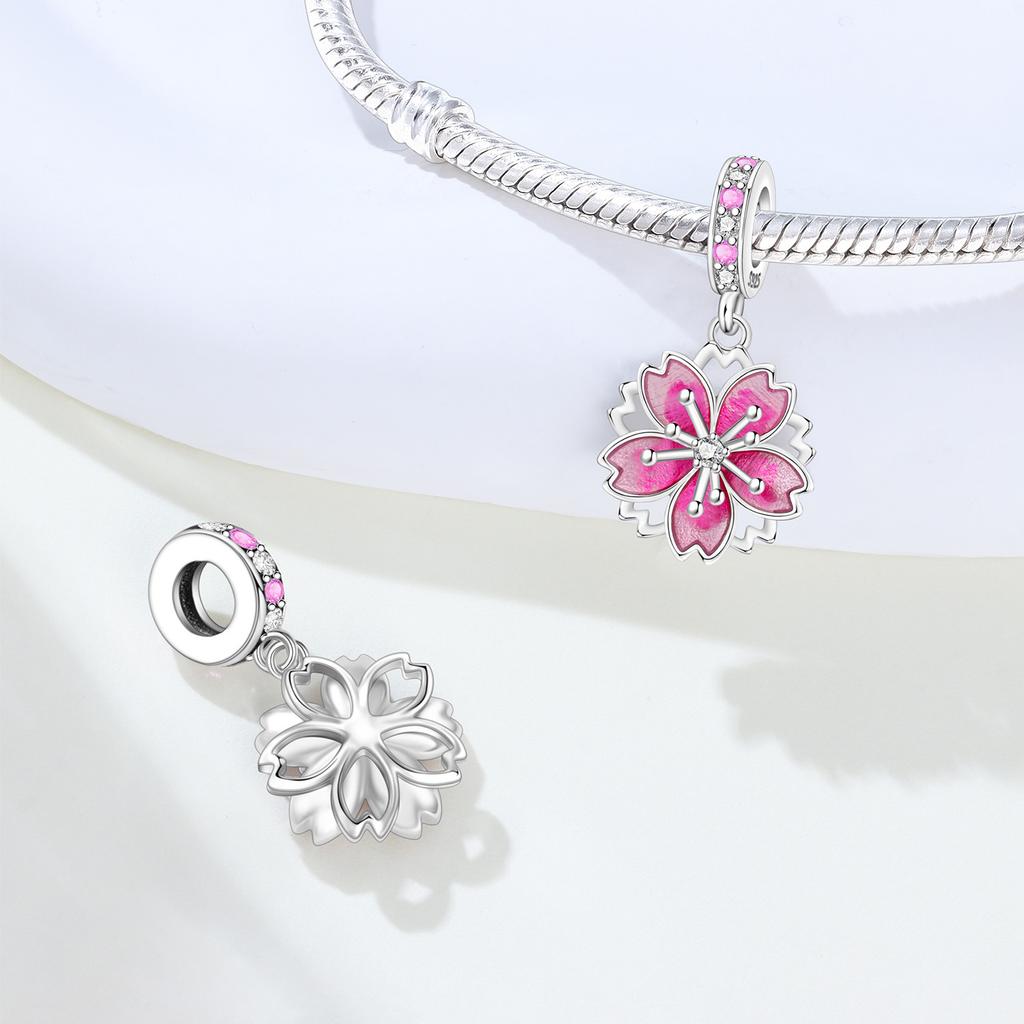 Panpoki Copper Rotating Cherry Blossom Flower Bead Genuine Pendant Bracelets Charms Jewellery Party DoItYourself Trendy Gifts