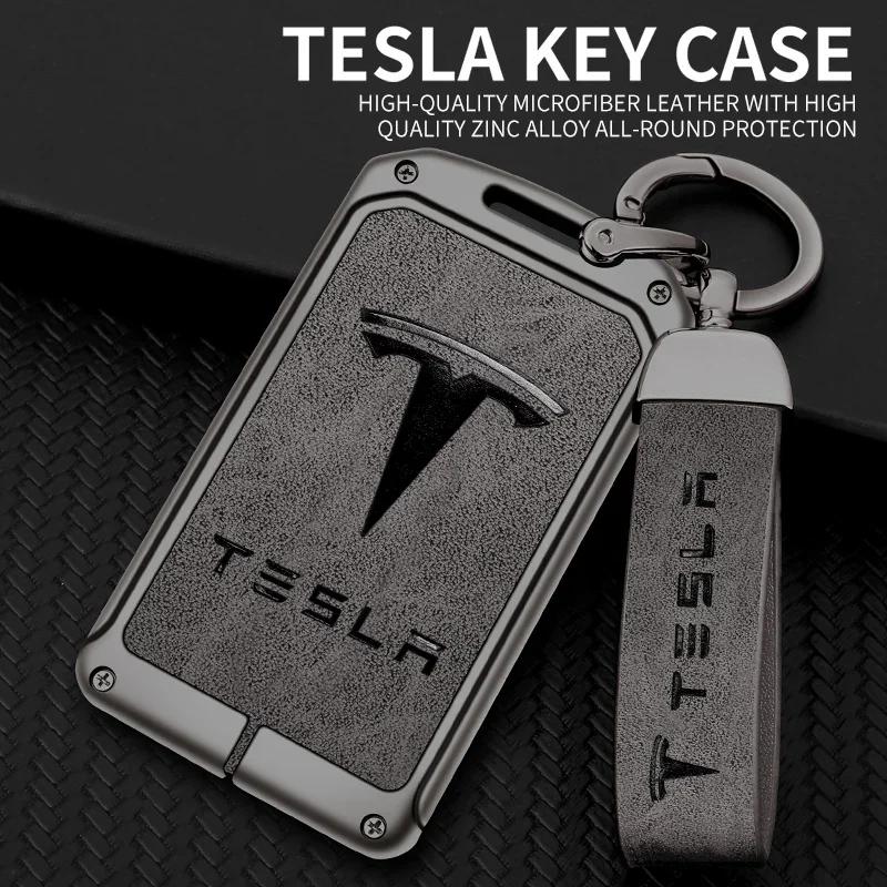 Autoaufkleber 2025 Neu Tesla Zinklegierung Leder Auto Fernschlüssel Abdeckung Schutzhülle Schale Schlüsselanhänger Tasche Für Tesla Model 3 Model Y