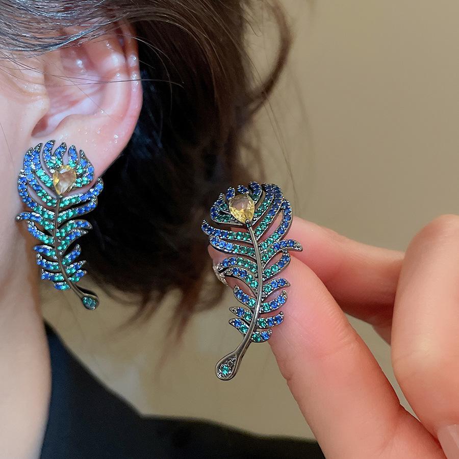 Silver Needle Zircon Water Drop Feather Stud Earrings: Luxury Retro Fashion for Women