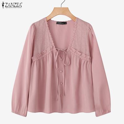 Blusa Lunga da Donna in Pizzo all'Uncinetto Patchwork Scollo a V Larga Casual Manica Lunga
