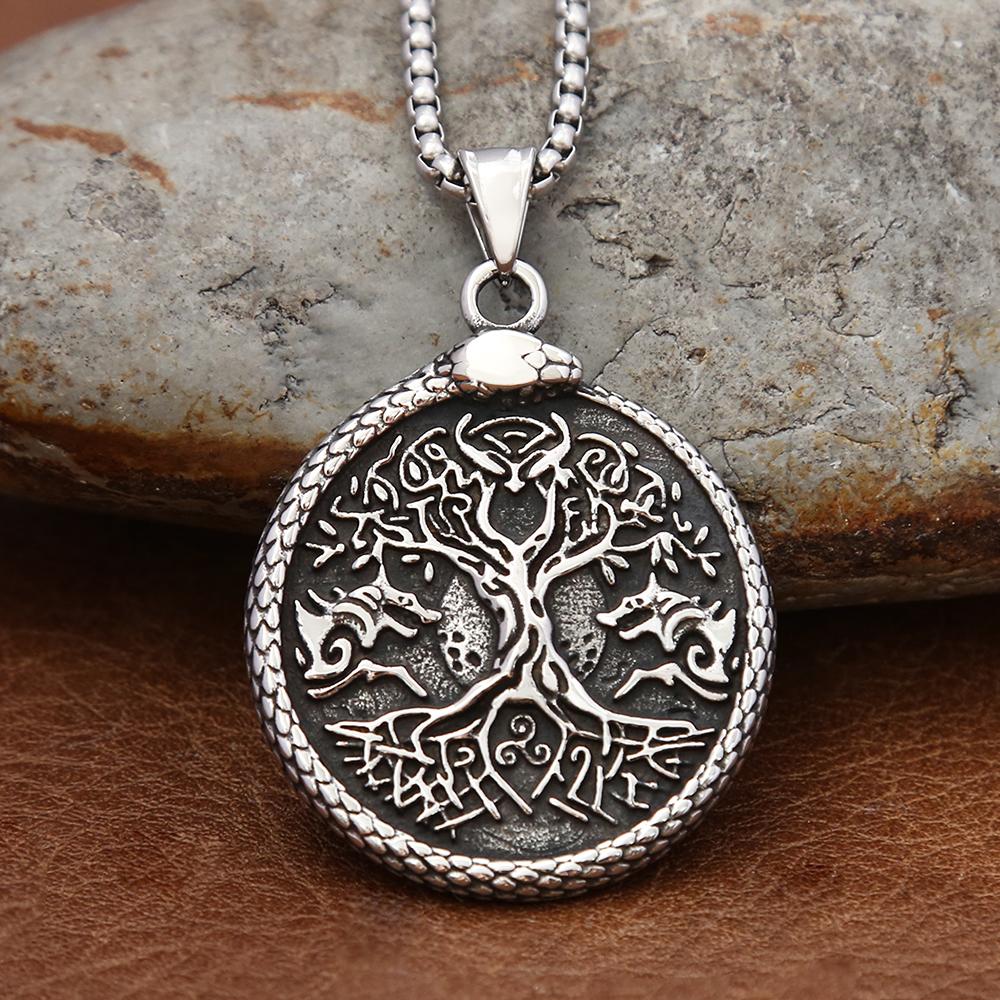 Vintage Einzigartiger Wikinger Lebensbaum Anhänger Punk Rock Edelstahl Pentagramm Halskette für Männer Frauen Schmuck