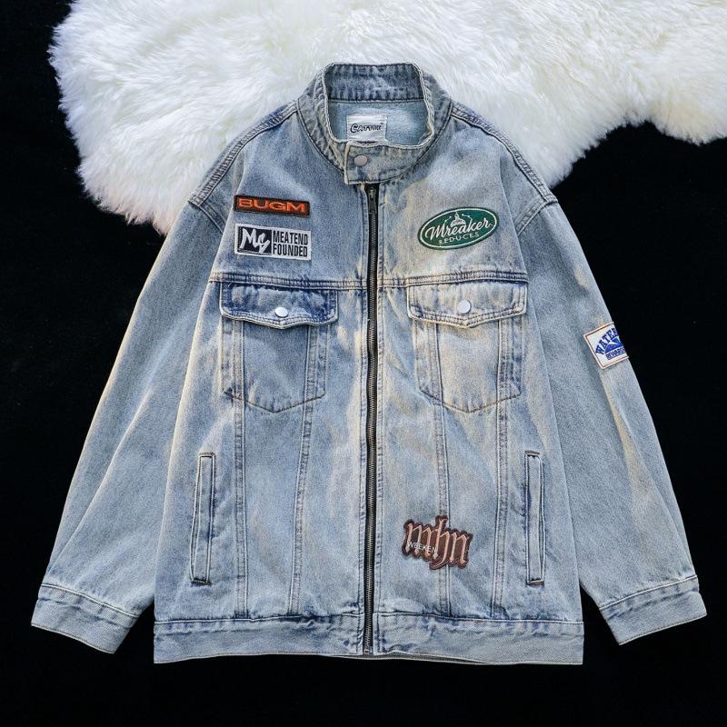 American High Street Vintage Denim Jacket - Unisex, Washed & Distressed, Autumn Trendy, Loose Fit, Casual Motorcycle Style