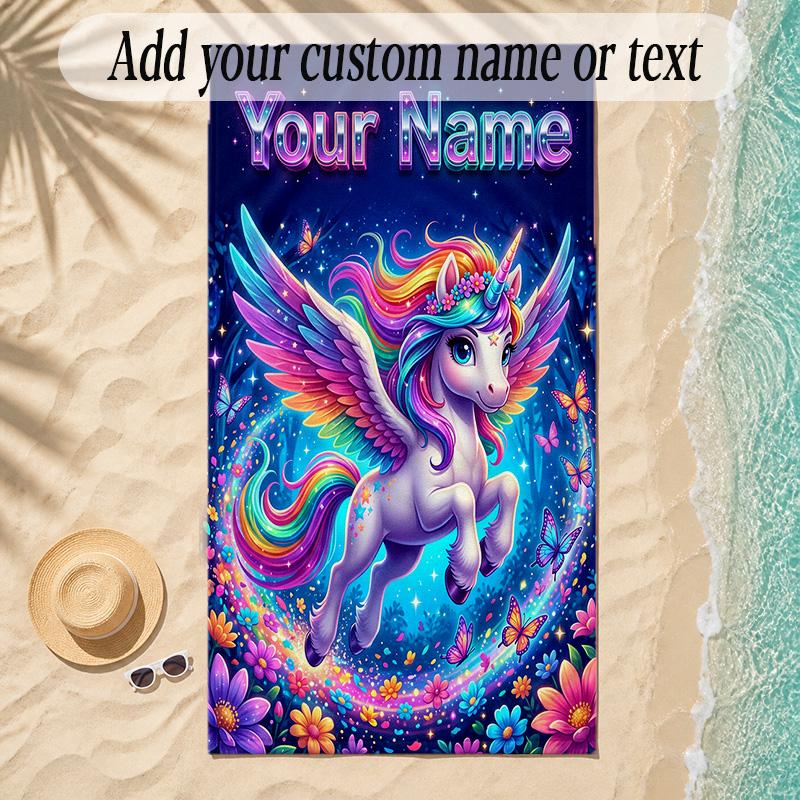 Unicorn Theme Soft Beach Towel Personalized Custom Name Text Towel Portable for Beach Pool Travel