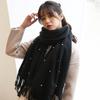 Women Elegant Knitted Solid Scarf With Pearls And Long Tassels For Winter Warmth