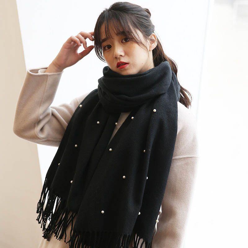 Women Elegant Knitted Solid Scarf With Pearls And Long Tassels For Winter Warmth