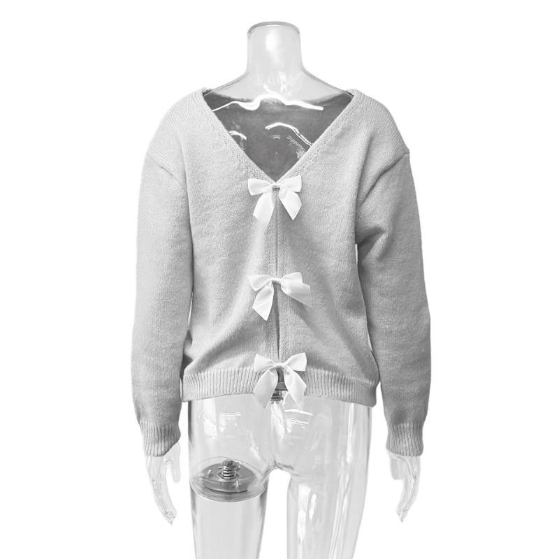 French Sweet Bow Decor Loose Long Sleeve Sweater Women S Fashion Knitwear