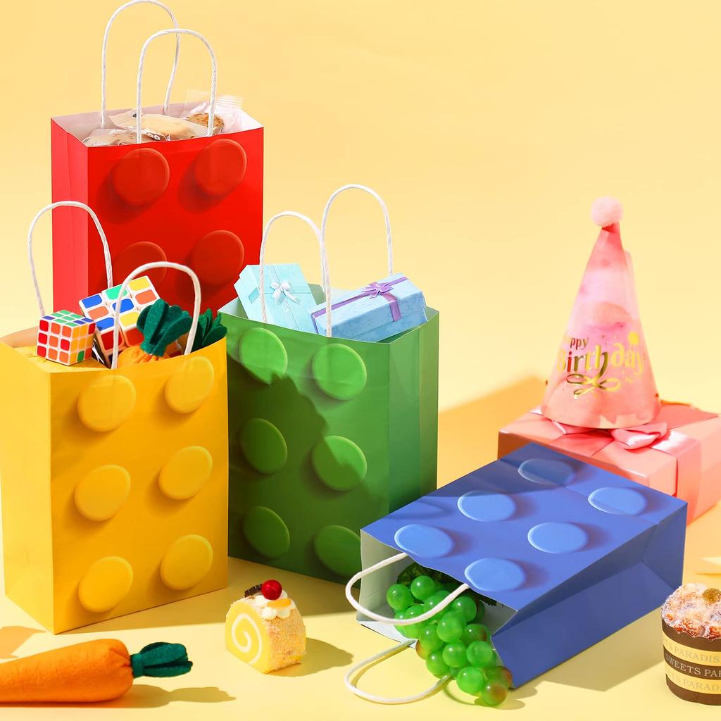 Building Blocks Brick Party Favors Gift Bags, Treat Paper Bag With Handle For Boy Kids Birthday, Baby Shower Decorations, 20Pcs