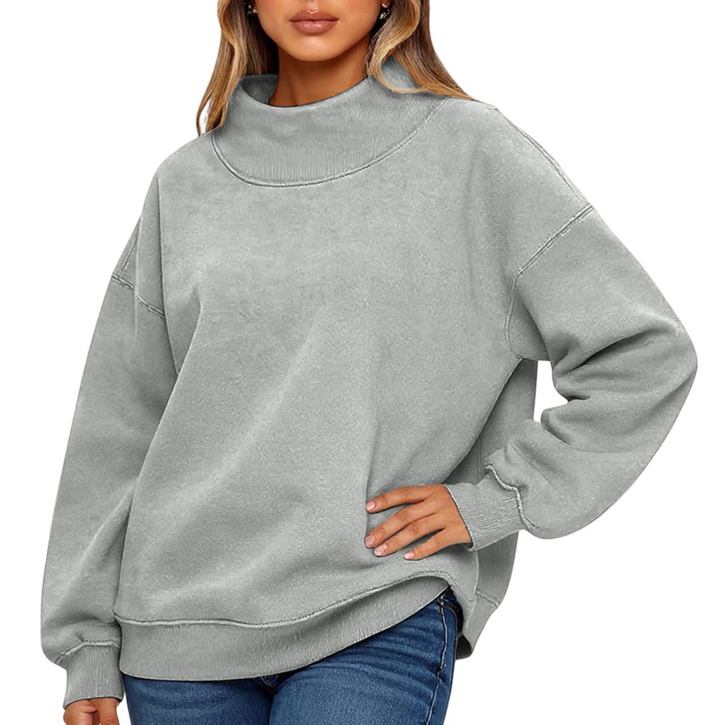 Ladies' Fashionable Loose High Neck Long Sleeved Solid Color Hoodie Top Pullover