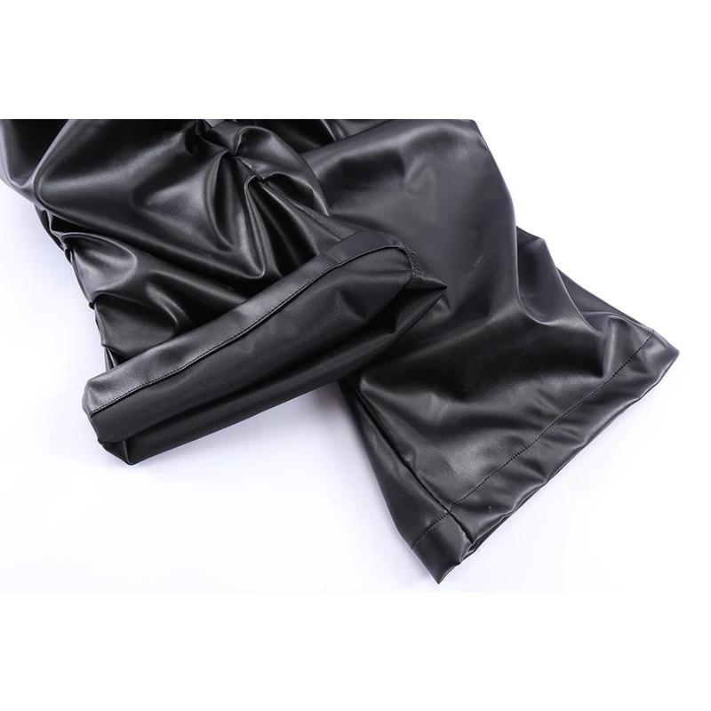 Hip Hop Mens Pleated Pu Leather Pants Harajuku Retro Streetwear Loose Ruched Casual Trousers Straight Solid Color Black Pants