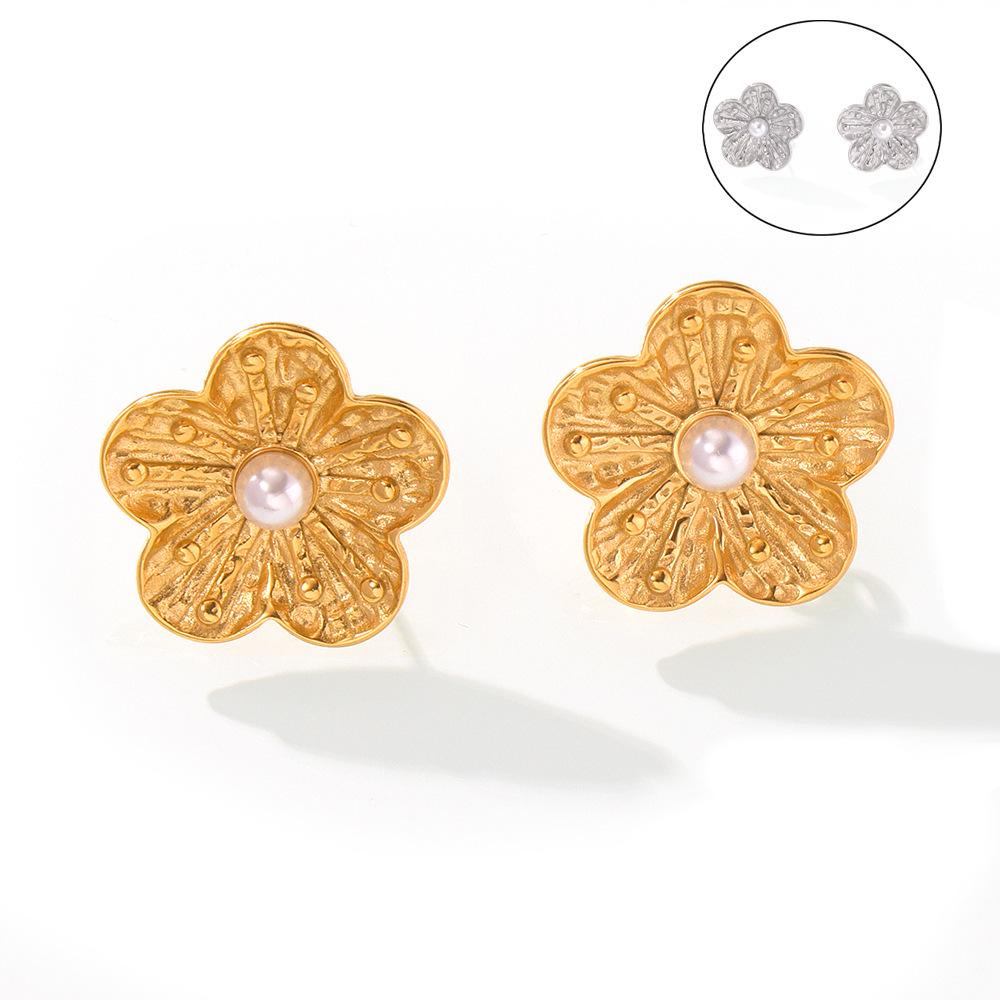 French Niche Retro Inlaid Shell Bead Flower 18k Gold Titanium Steel Earrings