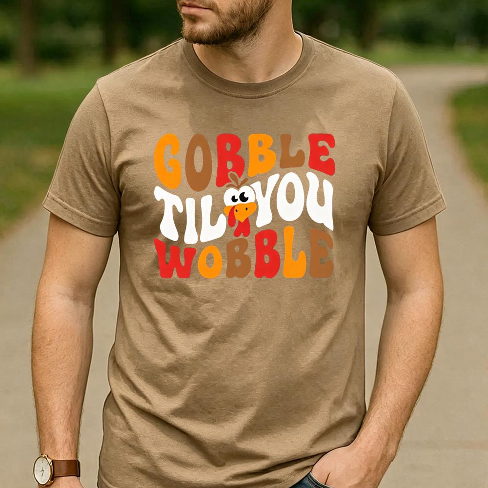 Funny Thanksgiving Family Tee Gobble Til You Wobble Retro Colorful Turkey Face Letter Graphic Unisex Cotton Casual TShirt
