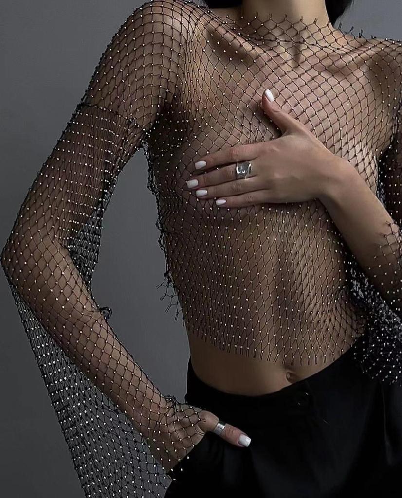 Europäisches & Amerikanisches High-End Mesh Strass Damen Langarmtop