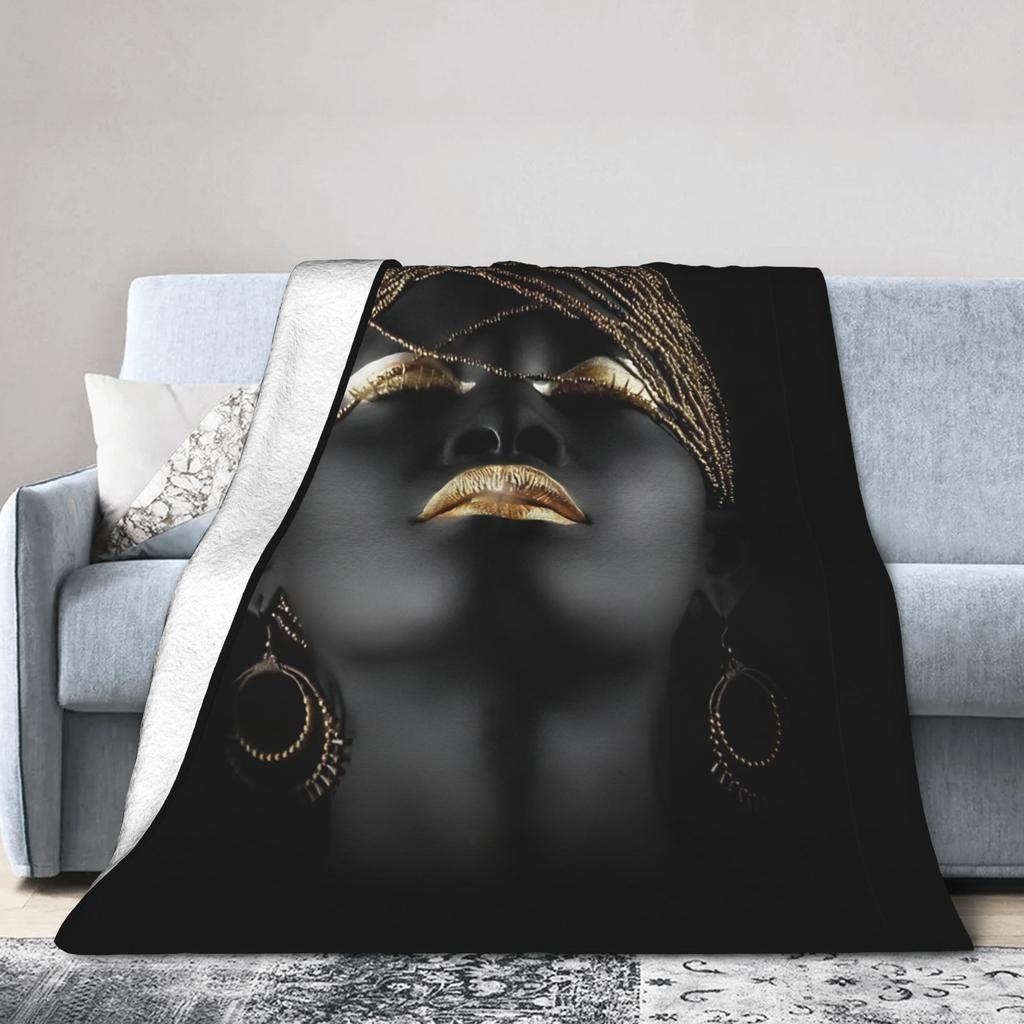 AFRICAN QUEEN African Art Black And Gold Blanket Cover Fuzzy Throw Blankets Bedroom Sofa Printed Soft Warm Bedsprea,