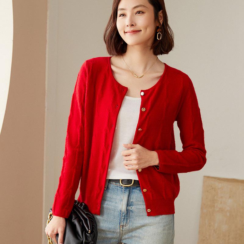 Women's 100% Cashmere Wool Cardigan: Autumn/Winter Round Neck Long Sleeve Sweater