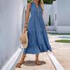 European & American Minimalist V-Neck Button Midi Dress - Sleeveless, Solid Color, Summer 2025 Collection