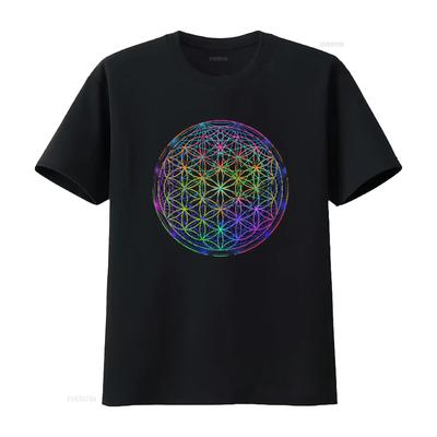 Lebendiges Geometrisches Chakra Psychedelisches Heilige Geometrie T-Shirt für Trendige Mode Vintage Gewaschen Bequem Dehnbar