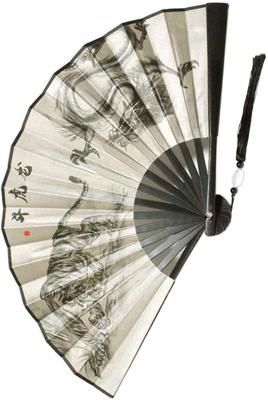 FashionBerry Beige Dragon and Tiger Fan, Men's, Double-Sided, Japanese Style, Folding Fan with Tassel, Lightweight, Large Size, Rugged Design, Perfect