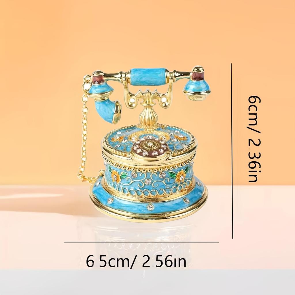 Antique Style Telephone Jewelry Box Enamel Metal Shell Receiver Lid Ring Holder Earring Hooks Vintage Vanity Organizer Gifts