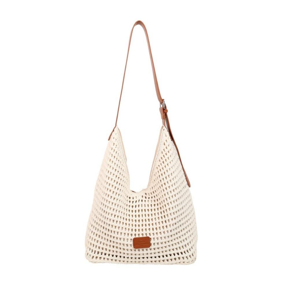 

Trendy Casual Crochet Tote Bag Large Capacity Magnetic Button Hollow Woven Bag Polyester PU Strap Knitting Handbag School бежевый
