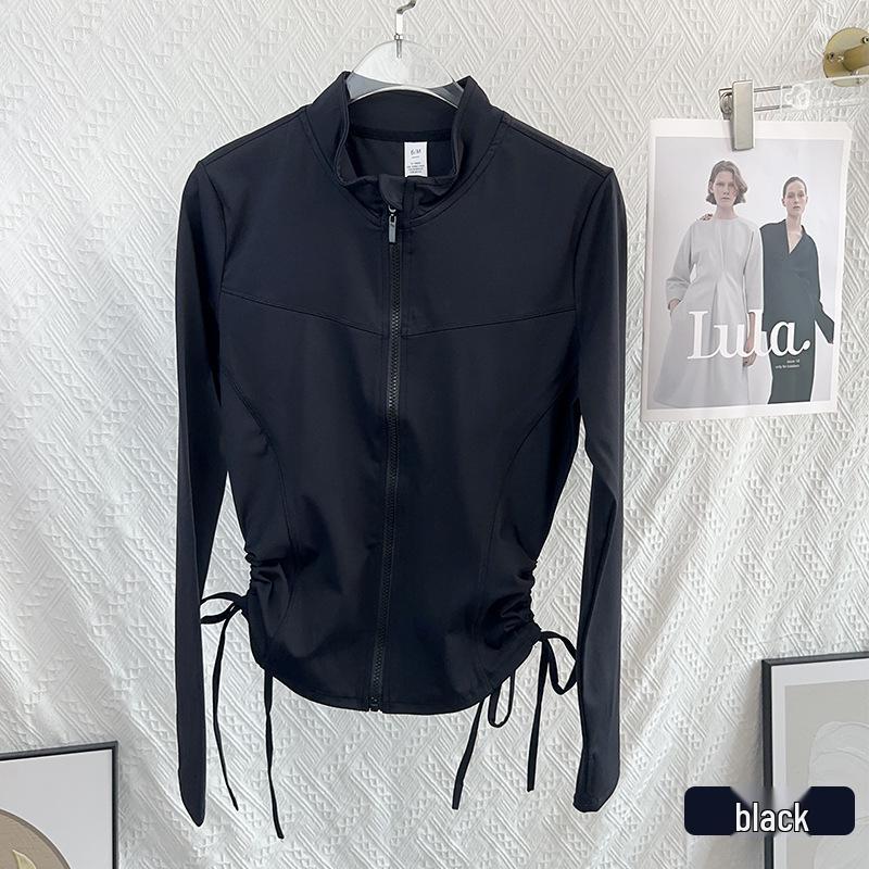 

Женская утягивающая куртка для йоги - Осень/Зима, воротник-стойка, кулиска, фитнес-топ с длинным рукавом Medium чёрный