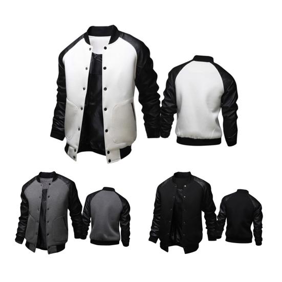 Autumn Men Long Raglan Sleeve Color Block Varsity Jacket Buttons Pocket Coat