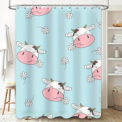 Adorable Animal Print Shower Curtain Cute Cow Design for Bathroom Decorations Blue Floral Pattern Fabric Waterproof Bath Mat Set
