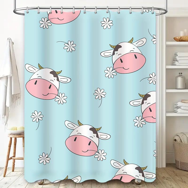 Urocza zasłona prysznicowa ze zwierzęcym nadrukiem, słodki wzór krowy do dekoracji łazienki, niebieski kwiatowy wzór, tkanina wodoodporna, zestaw mat łazienkowych