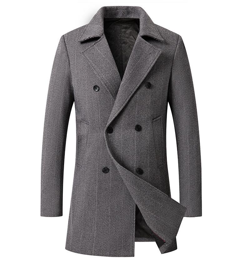 Men's Mid-Length Plaid Wool Coat - Double-Breasted, Cotton-Padded Jacket