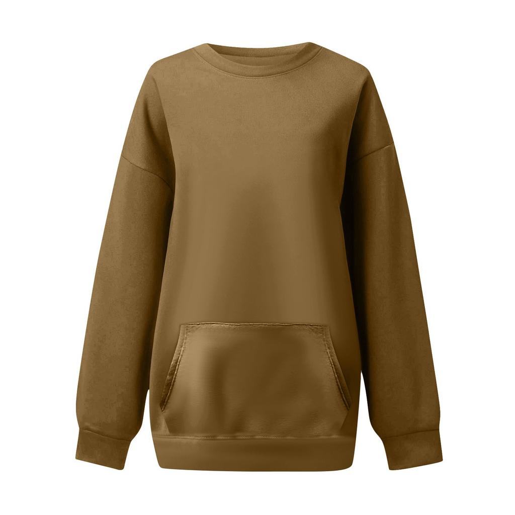 Damska codzienna modna bluza z długim rękawem w jednolitym kolorze z okrągłym dekoltem i kieszeniami