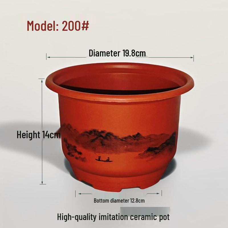 Imitation Ceramic Round Flower Pot, Brick Red Frosted Resin, Realistic Classical Landscape Style