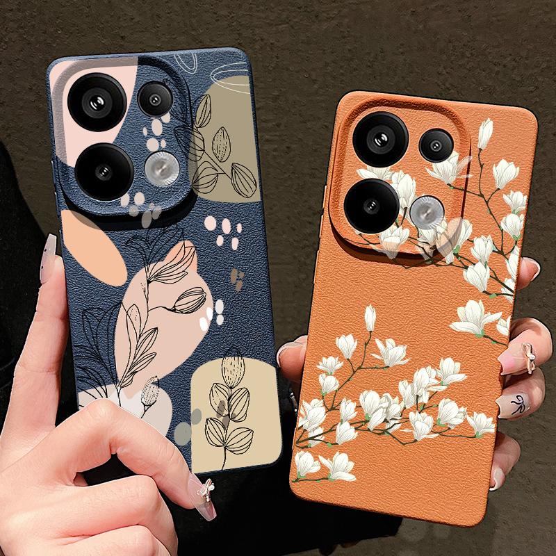 Simple Plant Floral Print TPU Matte Leather Texture Slim Phone Case For Xiaomi 13T Pro Poco X6 M6 Pro Redmi Note 14 Pro 13 12 11 Soft Shockproof Cover
