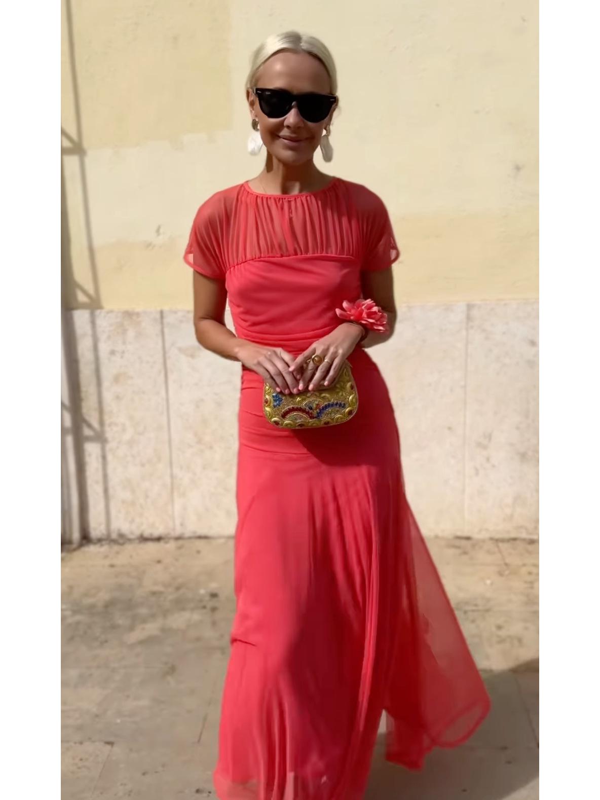 2026 Spring/Summer European-American Women s Chiffon Round Neck Short Sleeve See-through Pleated Hem Dress XXL