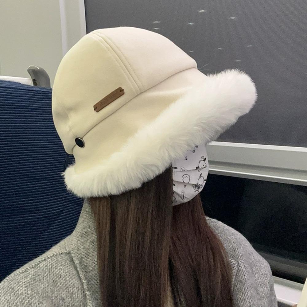 Wide Brim Plus Velvet Panama Hat Warm Winter Fisherman Hat Kawaii Fluffy Fur Bucket Hat Riding