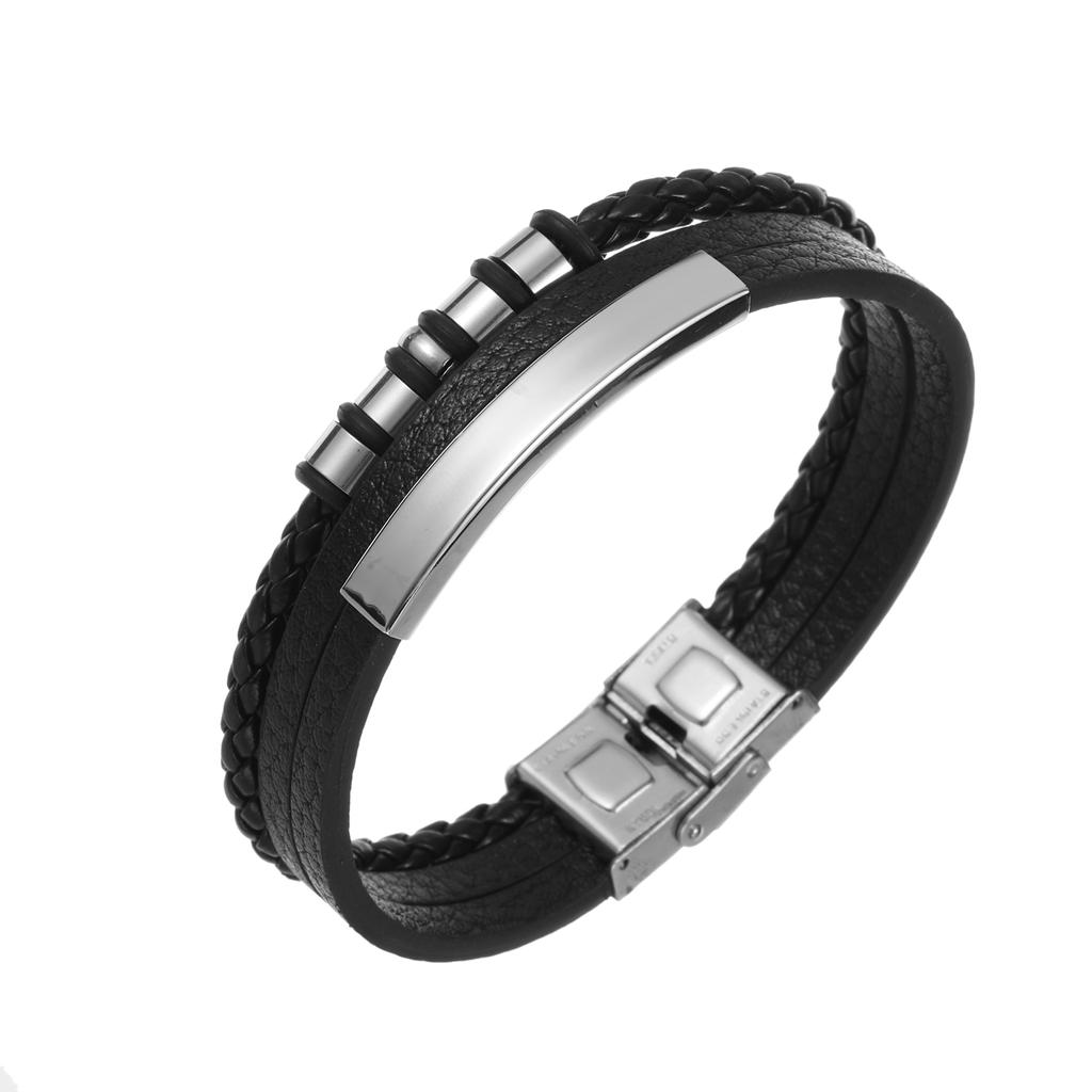 Bracciale da uomo in pelle liscia con gioielli in acciaio inossidabile