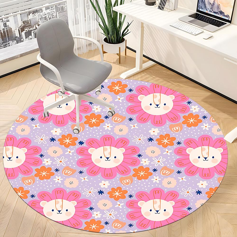 1PC Floral Lions Office Round Area Rug, Mat Suitable ForOffice, Under Office Chairs Bedroom Living Room Home Decor, Room Deco