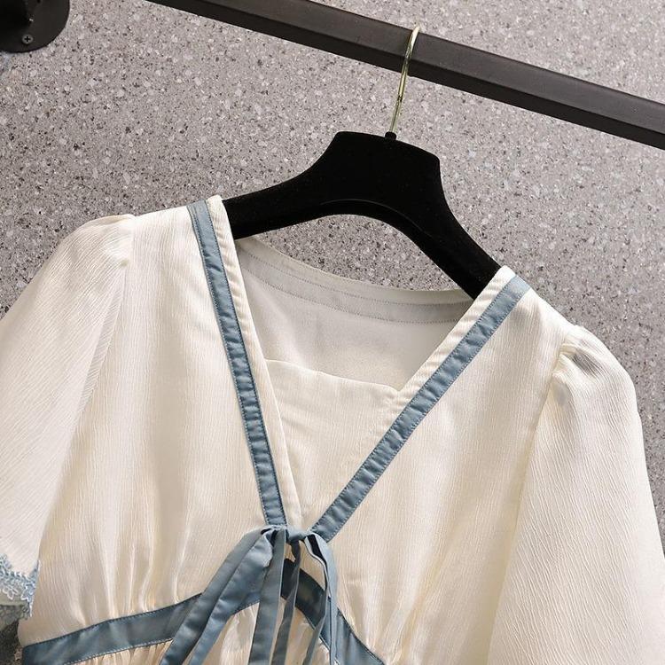 Women Summer New Plus Size Pregnant Dress Short Sleeve Lace V Neck Chiffon Sweet Thin Korean Dress