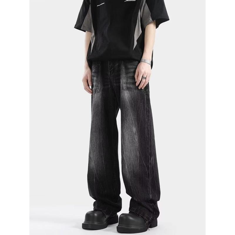 JYL Men's Straight Jeans Vintage Black Washed Whisker High-Street Denim Pants