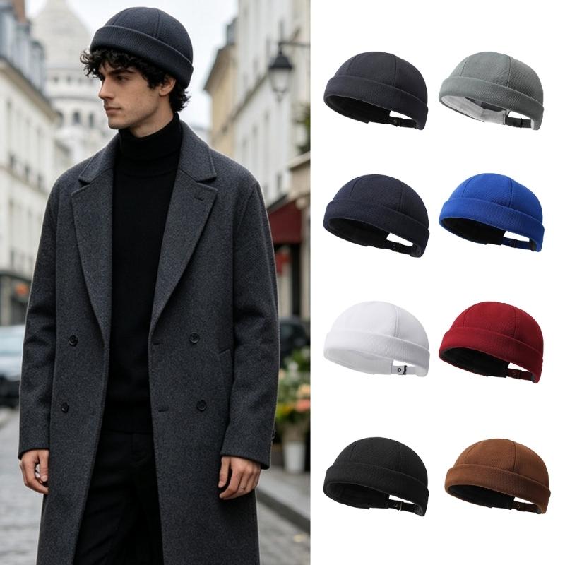 Round Brimless Cap for Casual Outfit Styling, Folded Band Docker Hat with Textured Woven Design, Adjustable Skull Hat for Women Men